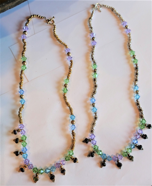 2 Sterling Silver Beaded Necklaces on Sterling Silver Gold Washed Necklace with Purple, Green, and Blue Stones and Other Without Gold Wash