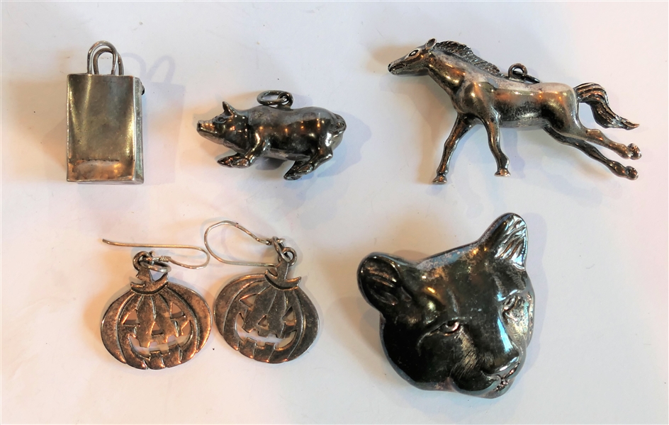 Sterling Silver lot including Horse Pendant, Pig Pendant, Cougar Pin/Pendant, Bag Pin, and Jacko lantern Earrings