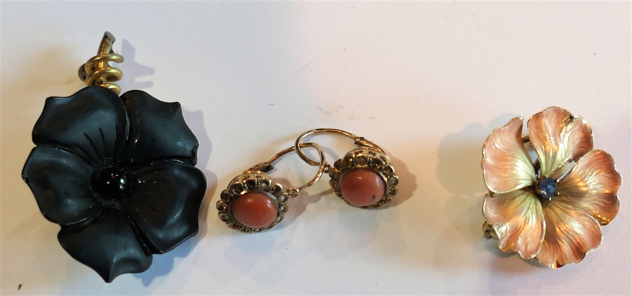 2 Antique Flower Pins and Pair of Antique Yellow Gold Coral Earrings