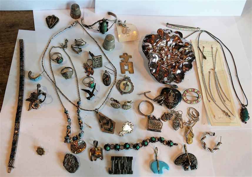 Large Lot of Silver Items including Sterling Silver Flower, Sterling and Turquoise, Sterling and Enamel, Stone Bear Pendants, and Much More