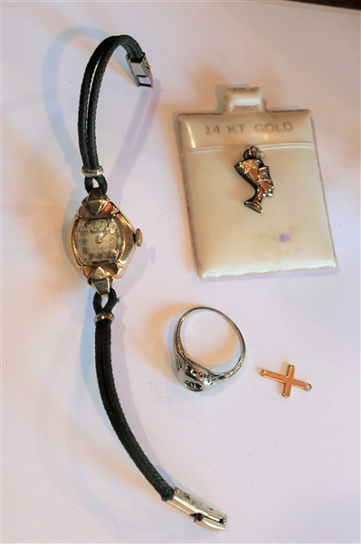 14kt Yellow Gold Ladies Watch, 14kt Yellow Gold Head Pendant, 18kt White Gold Setting, and Tiny 14kt Gold Cross