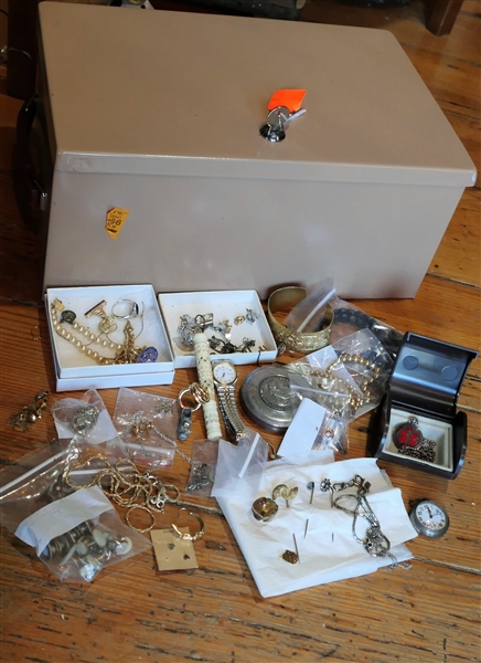 Metal Lock Box with Lot of Jewelry, Pocket Watch, Stick Pins, Mother of Pearl Buttons, Beads, and Bracelets
