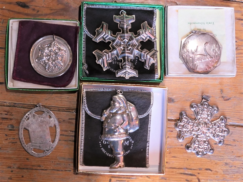 6 Sterling Silver Christmas Ornaments - 4 with Original Boxes - Gorham Santa and Snowflake, Reed and Barton Cross, and Towle Ornament