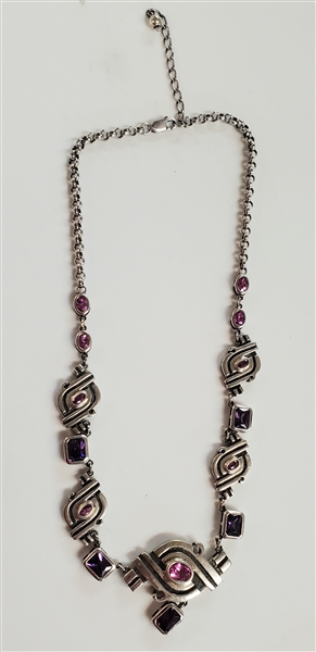 Beautiful Sterling Silver Necklace with Pink and Purple Stones