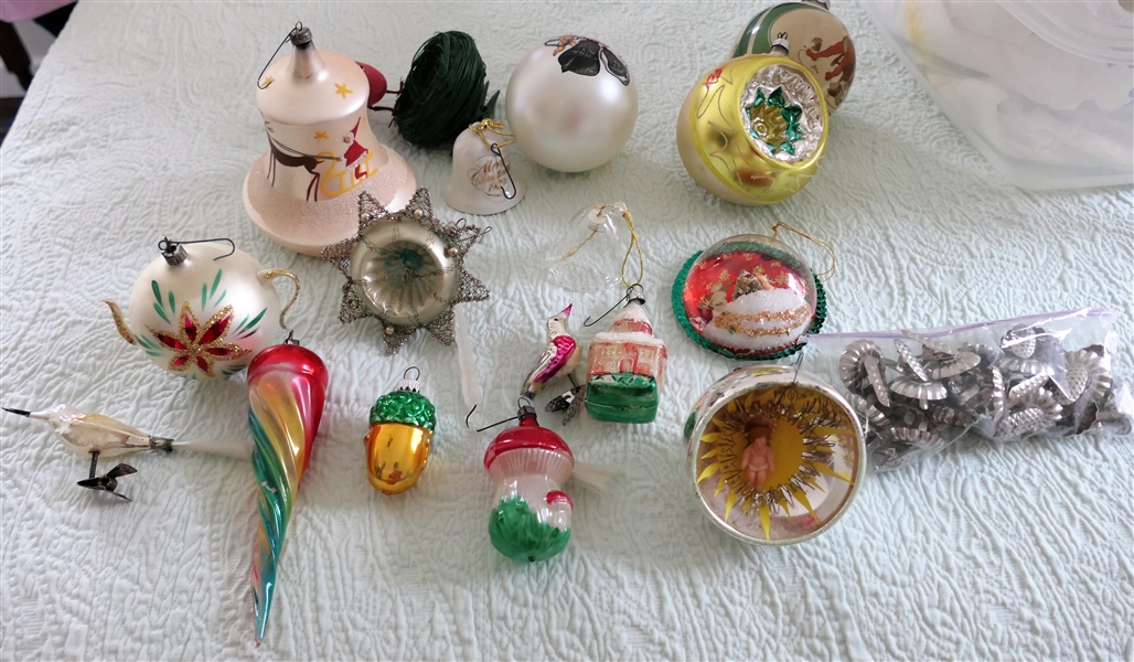 Lot of Antique and Vintage Christmas Tree Ornaments - Including Mercury Glass Tea Pot, Birds, Mushroom, Snow Scene, Baby Jesus, Acorn, Bird Nest and Bag of Metal Clips