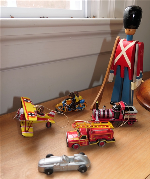 4 Tin Litho Toy Christmas Ornaments, Mid State Toy Car, and Wood Toy Soldier 