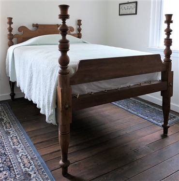  Antique Mixed Woods 3/4 Size Rope Bed with Bedding - Turned Posts - Has Been Fitted with Wood Slats