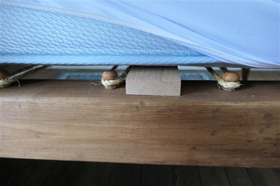  Antique Mixed Woods 3/4 Size Rope Bed with Bedding - Turned Posts - Has Been Fitted with Wood Slats