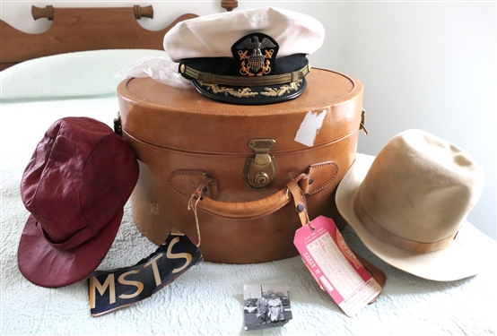 Leather Hat Box with Leather Luggage Tag and Paper Sailing Labels - Captain L. Darby - Also included Navy Hat, Red Leather Cap, Tan Hat, and Photograph
