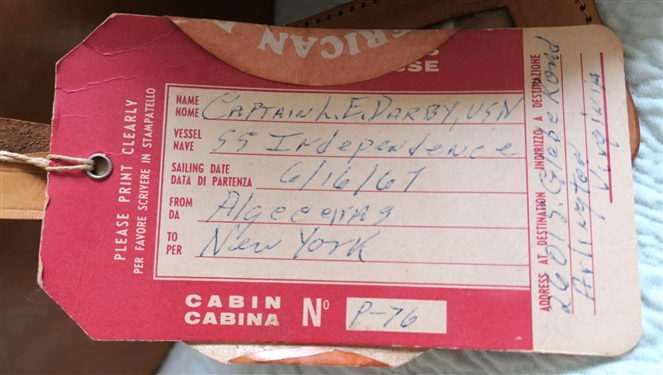 Leather Hat Box with Leather Luggage Tag and Paper Sailing Labels - Captain L. Darby - Also included Navy Hat, Red Leather Cap, Tan Hat, and Photograph