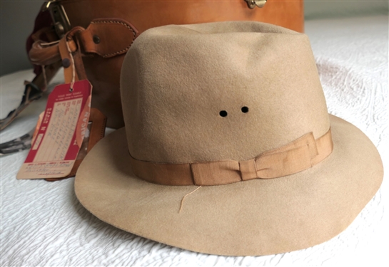Leather Hat Box with Leather Luggage Tag and Paper Sailing Labels - Captain L. Darby - Also included Navy Hat, Red Leather Cap, Tan Hat, and Photograph