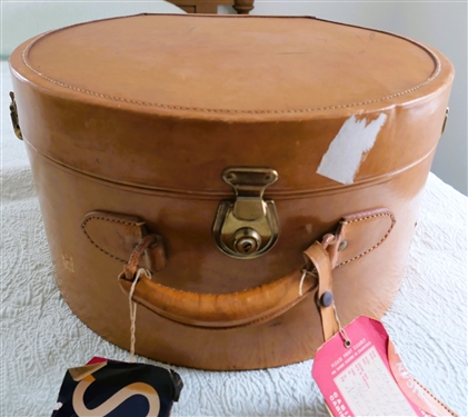 Leather Hat Box with Leather Luggage Tag and Paper Sailing Labels - Captain L. Darby - Also included Navy Hat, Red Leather Cap, Tan Hat, and Photograph