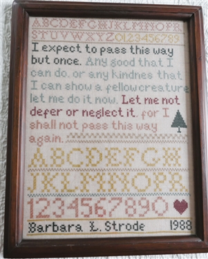 1988 Sampler Hand Stitched by Barbara Strode - Framed - Frame Measures 13 1/2 by 11 1/2