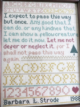 1988 Sampler Hand Stitched by Barbara Strode - Framed - Frame Measures 13 1/2 by 11 1/2