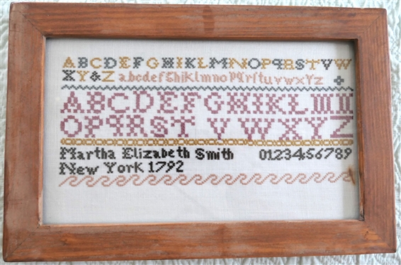 Hand Stitched Needlework Copy of Mary Elizabeth Smith New York 1792 Sampler - Framed - Frame Measures - 7 by 10