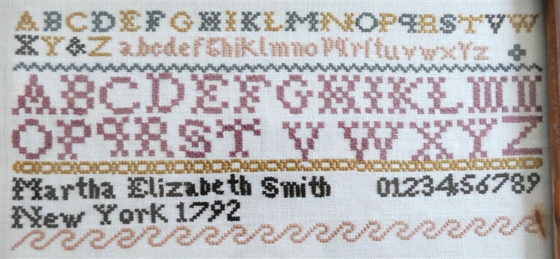 Hand Stitched Needlework Copy of Mary Elizabeth Smith New York 1792 Sampler - Framed - Frame Measures - 7 by 10