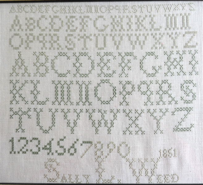 "Sally Weed 1851" Hand Stitched Needlework Sampler Copy - Framed - Frame Measures 11 3/4" by 15"