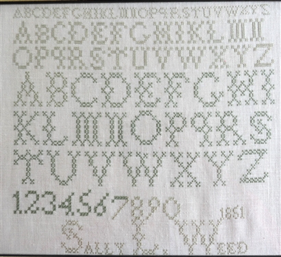 Sally Weed 1851 Hand Stitched Needlework Sampler Copy - Framed - Frame Measures 11 3/4 by 15