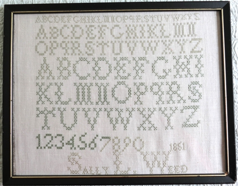 Sally Weed 1851 Hand Stitched Needlework Sampler Copy - Framed - Frame Measures 11 3/4 by 15