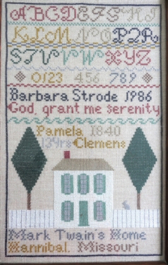 Hand Stitched Needlework Sampler with Mark Twain's Home - Hannibal Missouri - Framed Frame Measures 14 1/2 by 9 1/2
