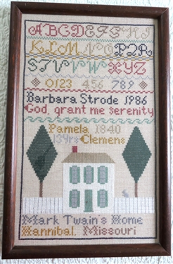 Hand Stitched Needlework Sampler with Mark Twain's Home - Hannibal Missouri - Framed Frame Measures 14 1/2 by 9 1/2