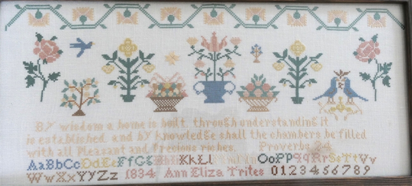 Hand Stitched Needlework Copy of 1834 Sampler by Ann Eliza Trites - Framed - Frame Measures 9 by 18 1/2