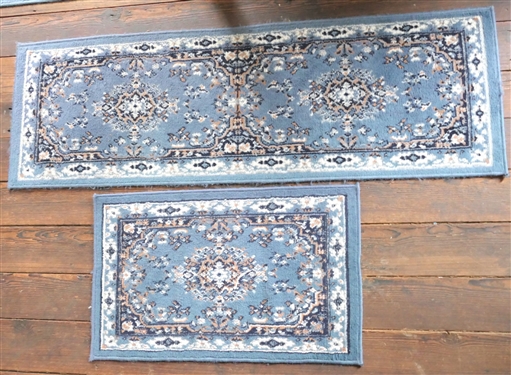 2 Small Machine Made Blue Rugs - Runner Measures 60 by 19 1/2 Smaller Rug Measures 32 by 20