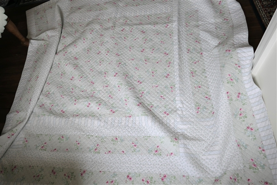 Light Blue and Pink Floral Quilted Blanket - Measures 103 by 91