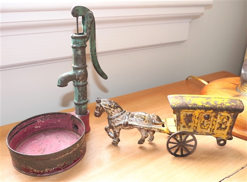 Cast Iron Horse and Ice Wagon and Water Pump - Wagon Wheel is Broken and Missing 2 - Horse and Wagon Measures 8 Long
