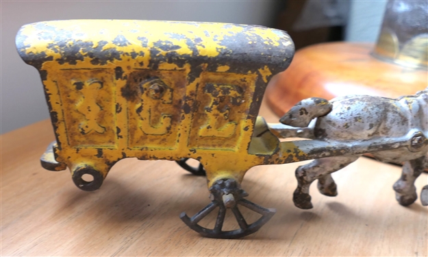 Cast Iron Horse and Ice Wagon and Water Pump - Wagon Wheel is Broken and Missing 2 - Horse and Wagon Measures 8 Long