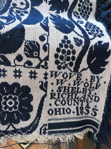 Antique 2 Piece Blue and White Coverlet - "Wove by W. Wolf Shelby Richland County Ohio 1855" Measures 82" by 73" - Some Wear At Top Edge