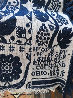 Antique 2 Piece Blue and White Coverlet - Wove by W. Wolf Shelby Richland County Ohio 1855 Measures 82 by 73 - Some Wear At Top Edge