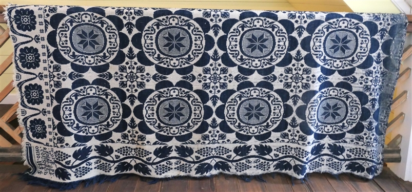Antique 2 Piece Blue and White Coverlet - Wove by W. Wolf Shelby Richland County Ohio 1855 Measures 82 by 73 - Some Wear At Top Edge