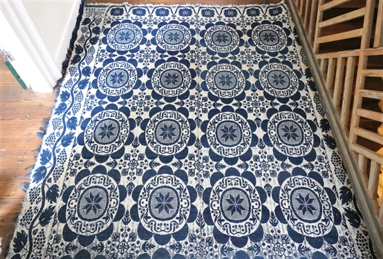 Antique 2 Piece Blue and White Coverlet - Wove by W. Wolf Shelby Richland County Ohio 1855 Measures 82 by 73 - Some Wear At Top Edge
