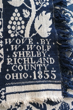 Antique 2 Piece Blue and White Coverlet - Wove by W. Wolf Shelby Richland County Ohio 1855 Measures 82 by 73 - Some Wear At Top Edge