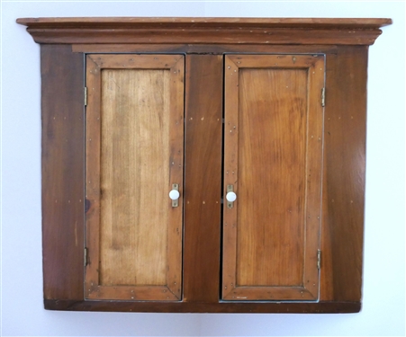 Small Mixed Woods Hanging Corner Cupboard - Light Blue Painted Interior- Porcelain Knobs - Measures 24 1/2 tall 27 by 18 1/2