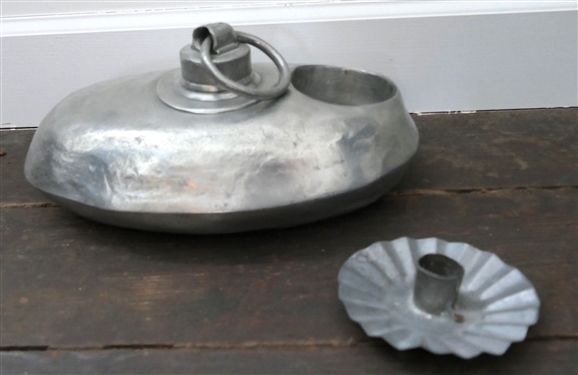 Unusual Metal Bed Warmer - Marked LS and Engraved CCW - Measures 12 by 7 and Small Tin Candle Holder