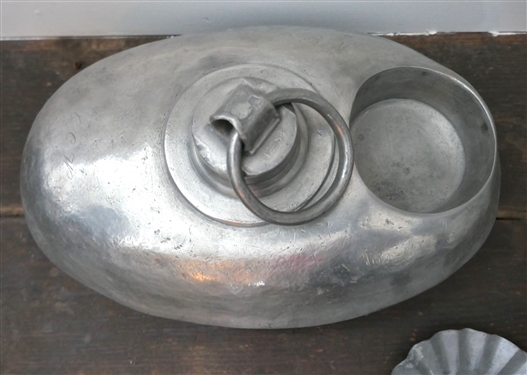 Unusual Metal Bed Warmer - Marked LS and Engraved CCW - Measures 12 by 7 and Small Tin Candle Holder