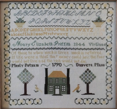 Hand Stitched Needlework  Copy of 1790 Danvers, Mass Sampler - Framed - Frame Measures 14 by 15