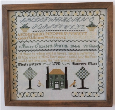 Hand Stitched Needlework  Copy of 1790 Danvers, Mass Sampler - Framed - Frame Measures 14 by 15
