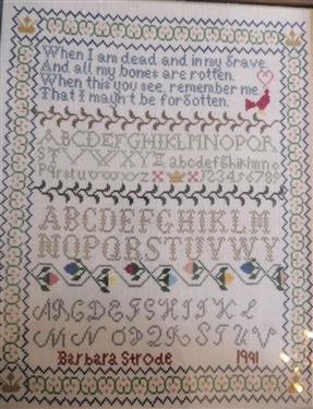 Hand Stitched Needlework Sampler by Barbara Strode 1991 - Framed - Frame Measures 16 1/2 by 13 1/2
