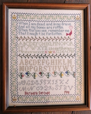 Hand Stitched Needlework Sampler by Barbara Strode 1991 - Framed - Frame Measures 16 1/2 by 13 1/2