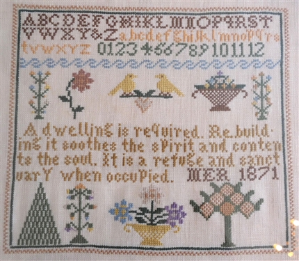 Hand Stitched Needlework Sampler Copy of 1871 Sampler - Framed- Frame Measures 15 by  17