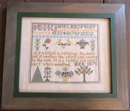 Hand Stitched Needlework Sampler Copy of 1871 Sampler - Framed- Frame Measures 15 by  17