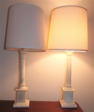 Pair of Beautiful Italian Alabaster Lamps - Twisted Column Style - Measuring 23 Tall 