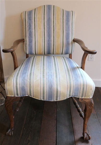 Oak Ball and Claw Foot Arm Chair with Blue, Yellow, and White Striped Upholstery 