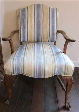 Oak Ball and Claw Foot Arm Chair with Blue, Yellow, and White Striped Upholstery 