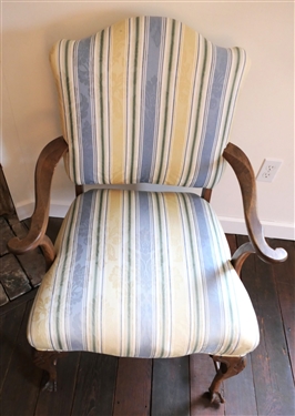 Oak Ball and Claw Foot Arm Chair with Blue, Yellow, and White Striped Upholstery 