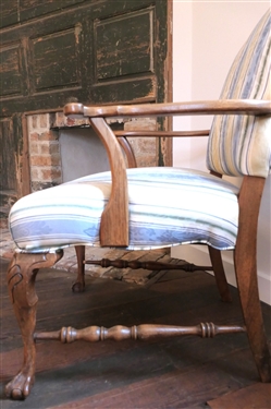 Oak Ball and Claw Foot Arm Chair with Blue, Yellow, and White Striped Upholstery 