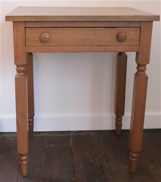 Light Wood Table with Unusual Turned Legs - Single Dovetailed Drawer - Measures 29 tall 24 by 20